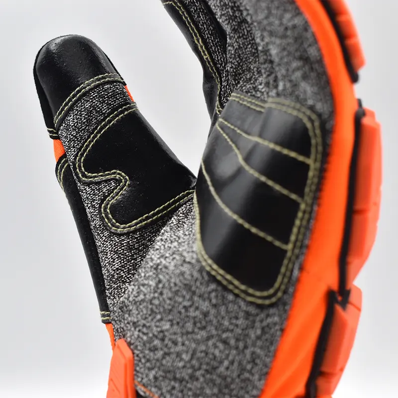 Close-up side view of the palm area on a single MajFire MFA14 glove, showcasing textured Cala-Tech cut-resistant material for enhanced grip in oily and wet environments.