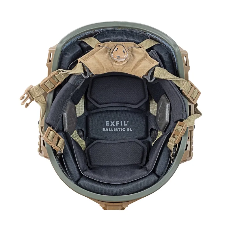 Under view of the Team Wendy® EXFIL® Ballistic SL Helmet in ranger green, showing the adjustable interior padding, chin strap, and suspension system for secure comfort.