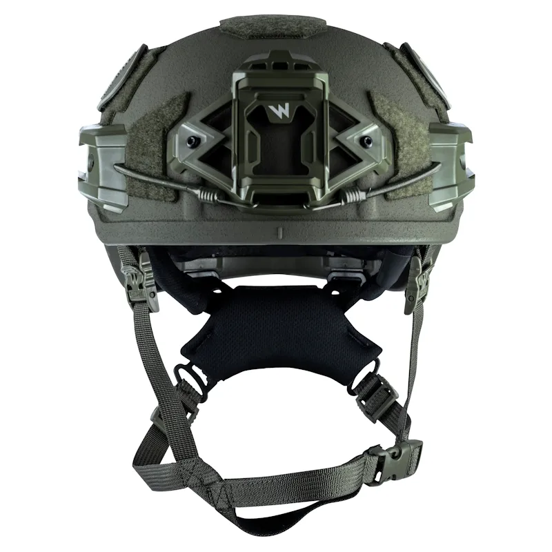 Front view of the Team Wendy® EPIC™ Specialist Ballistic Helmet in ranger green, capturing the NVG mount, curved profile, and uniform finish for field use.