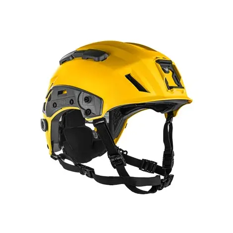 Front right side view of the Team Wendy SAR Tactical Helmet in yellow showing its design, adjustable straps, and tactical features.