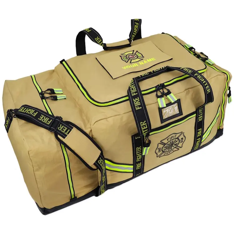 Top-front-left view of Lightning X LXFB10XT 3XL Ripstop Turnout Gear Bag with closed compartments, featuring custom logo and ‘Your Name’ embroidery on the top for personalized firefighter gear storage.