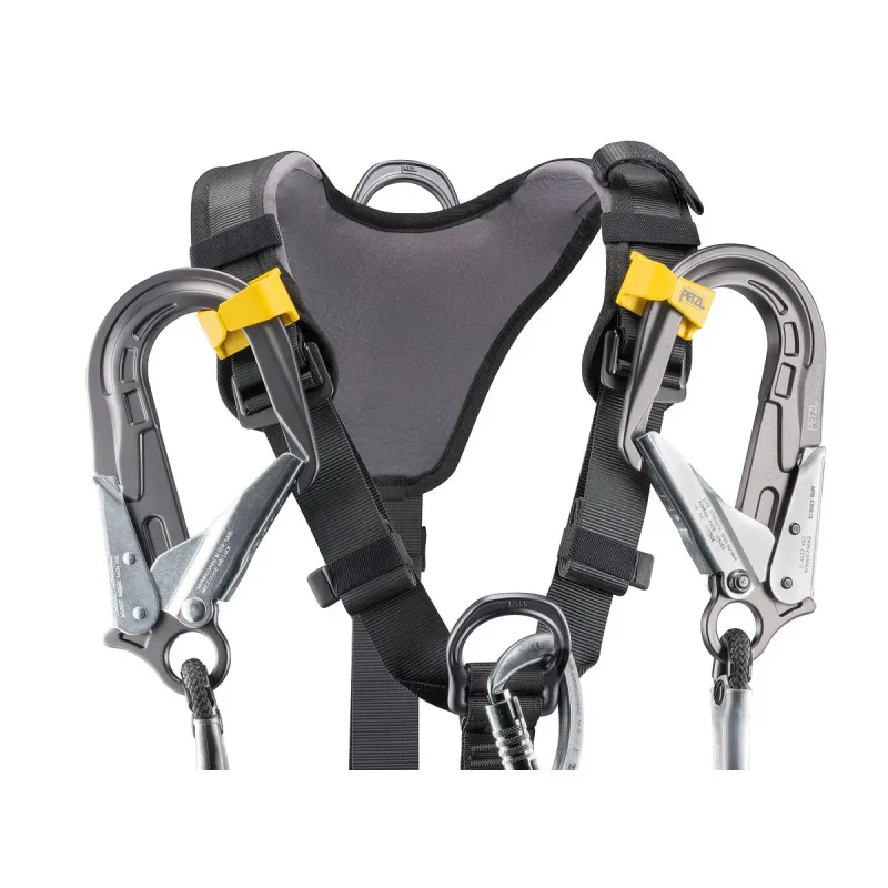 Close-up of the Petzl® AVAO® BOD FAST Harness International Version top back view, showcasing the reinforced dorsal attachment point and durable stitching for secure rope access and fall protection.