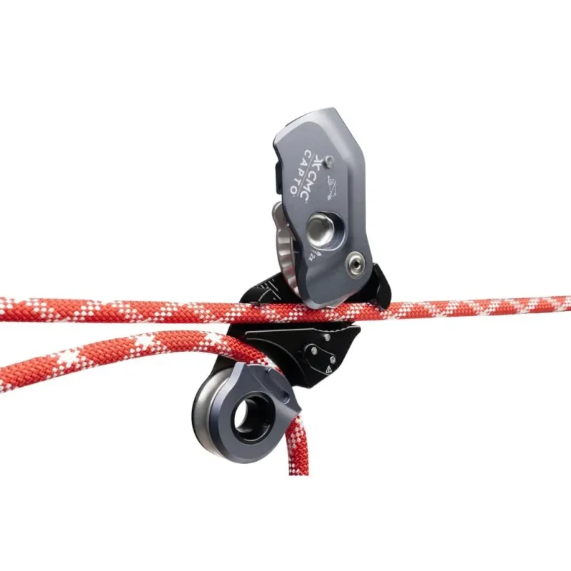 Silver CMC™ CAPTO™ Multifunctional Rope Grab in the open position with rope fed twice through the device, demonstrating enhanced grip and control for technical rescue and rope access tasks.