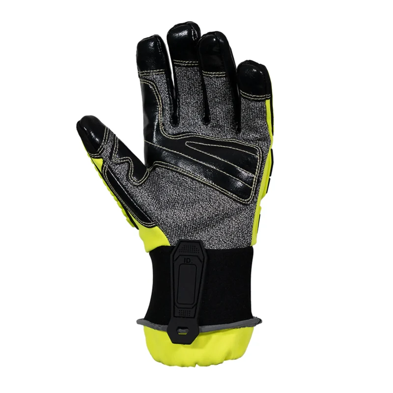 Palm side of a single Majestic Safety MFA15B glove highlighting cut-resistant Cala-Tech material and fluid-resistant liner for enhanced safety.