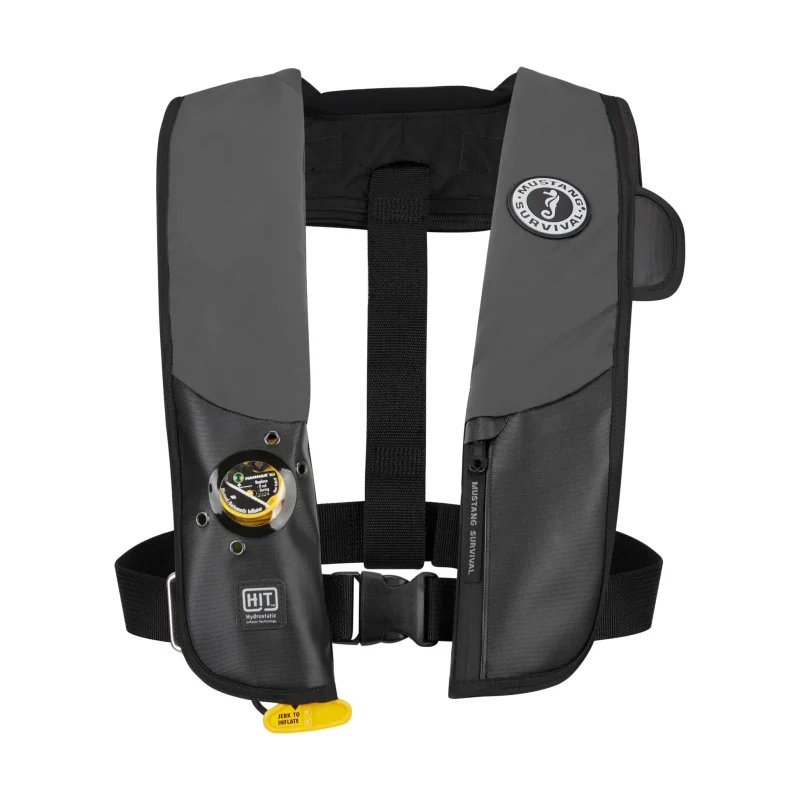 Front view of Mustang Survival® Hit Hydrostatic Inflatable PFD in black variant, showing adjustable straps, compact design, and hydrostatic inflation mechanism for enhanced safety.