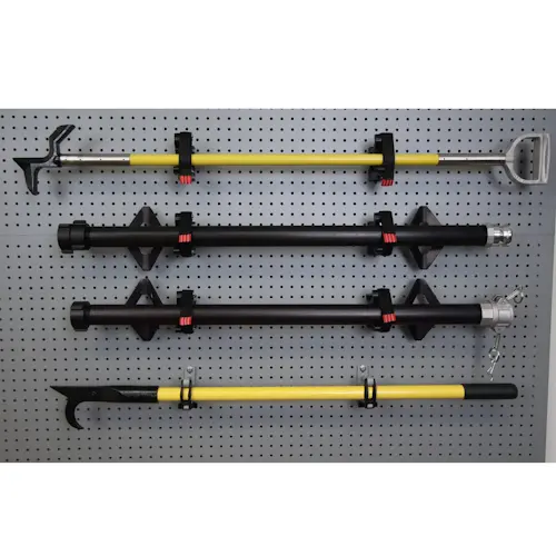 Ziamatic™ Vehicle Cooling Units mounted on a wall next to firefighting tools, highlighting organized storage and easy access during emergency response.