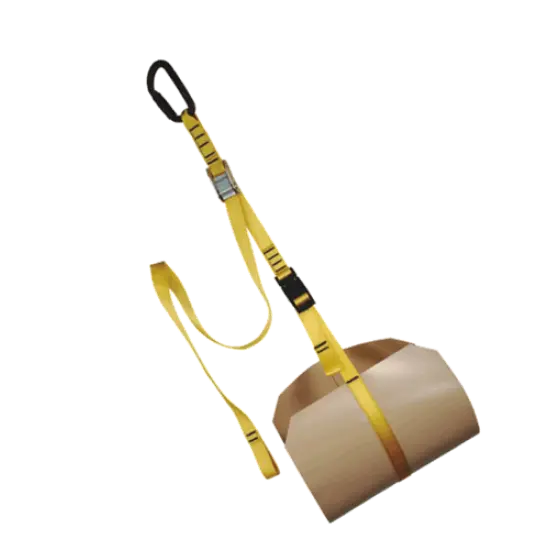 Yellow strap with attached carabiner from the Yates Professional™ 900WT Yates Spec Pak, designed for secure connection and easy rigging in rescue operations.