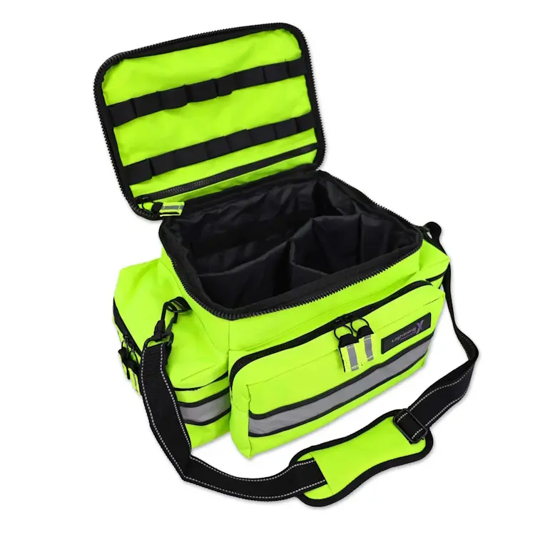 Lightning X LXMB25 fluorescent yellow variant medium-sized first responder EMT bag with top open, showing organized, quick-access medical supply storage.