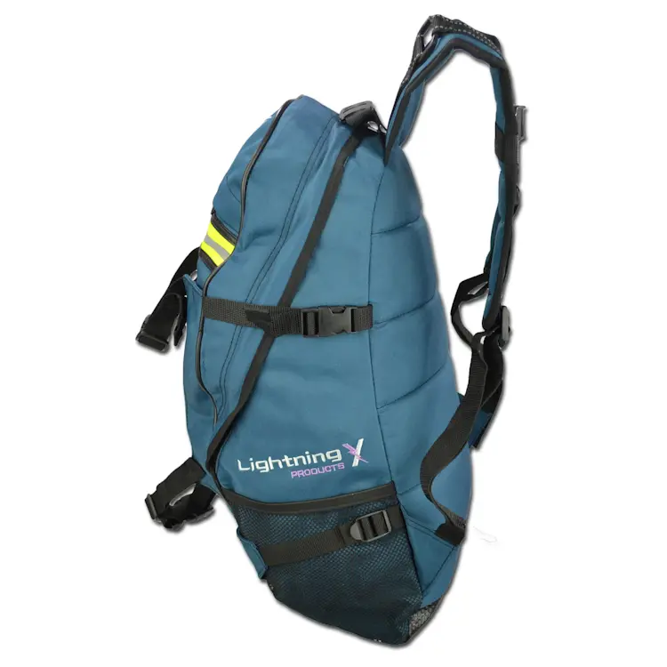 Side view of Lightning X LXMB40 navy blue variant first responder EMT backpack, highlighting padded shoulder straps and reinforced side panels.