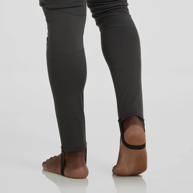 Closeup of the back legs area on a man wearing the NRS Men’s Expedition Weight Union Suit, showing the fabric texture and stretch for ease of movement.