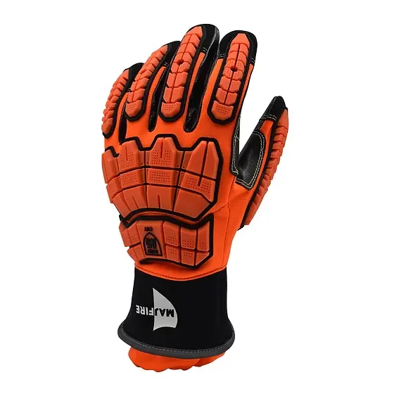 Single MajFire MFA14 glove shown from the back view, highlighting the durable leather exterior, reinforced stitching, and protective wristlet cuff for reliable firefighter performance.