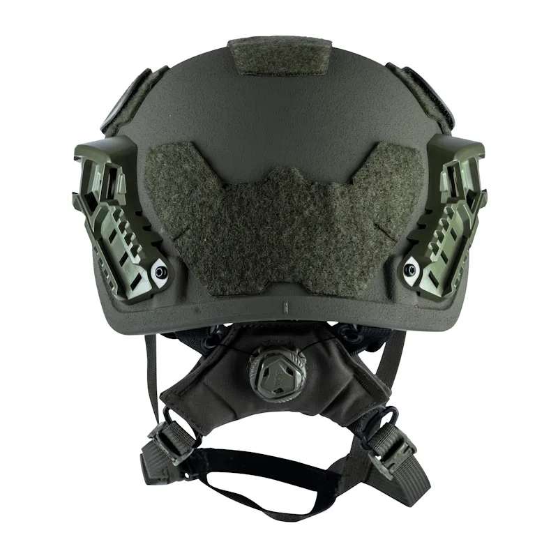 Back view of the Team Wendy® EPIC™ Specialist Ballistic Helmet in ranger green, highlighting the rear curvature and harness attachment for enhanced fit and comfort.