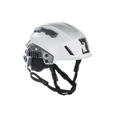 Front right side view of the Team Wendy SAR Tactical Helmet in white showing its design, adjustable straps, and tactical features.