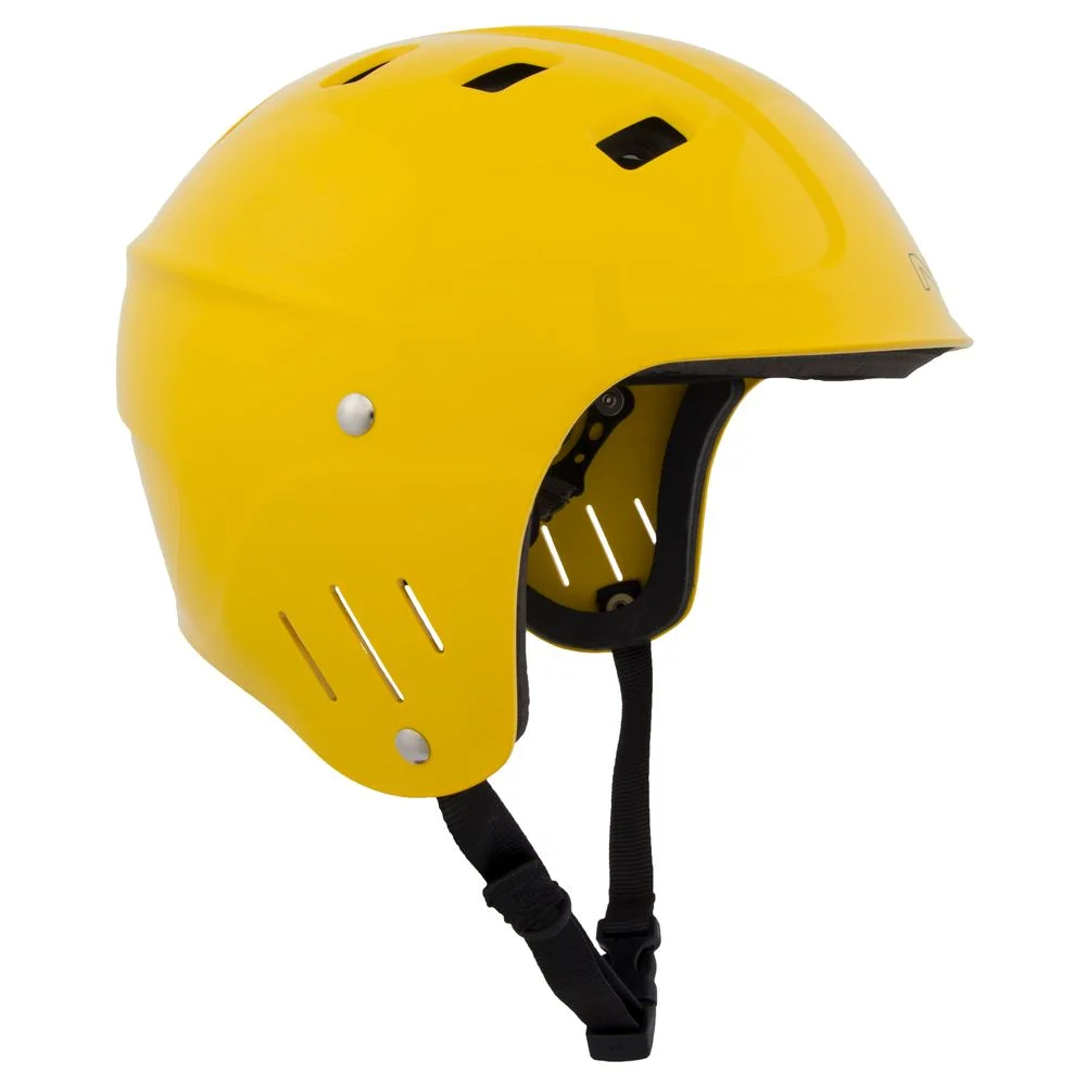 Right side view of the NRS Chaos Full Cut Helmet – Closeout in yellow, showcasing full ear protection, a durable ABS shell, and ventilation for comfortable, impact-resistant whitewater safety.