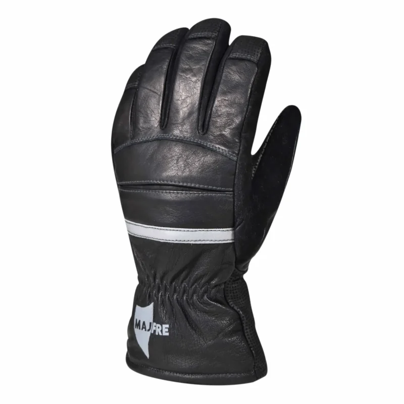 Less angled side view of a single Majestic Safety MFA72 glove back side showing detailed stitching and protective padding on knuckles and fingers.