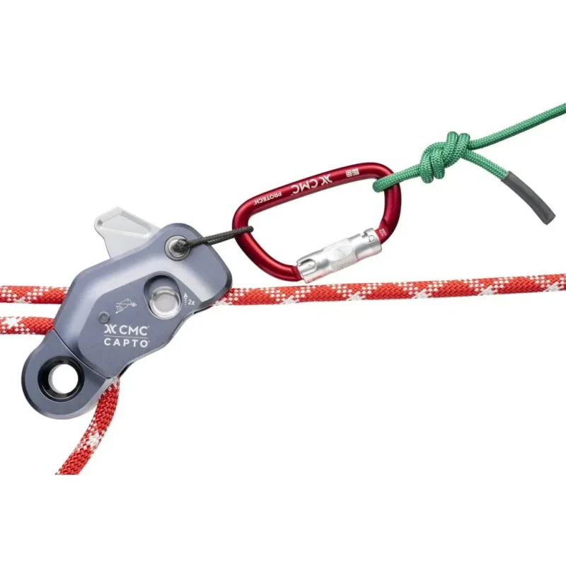Silver CMC™ CAPTO™ Multifunctional Rope Grab in the closed position with rope fed twice through the device and a carabiner attached, showcasing secure locking and reliable connection for safe rescue and rope access operations.