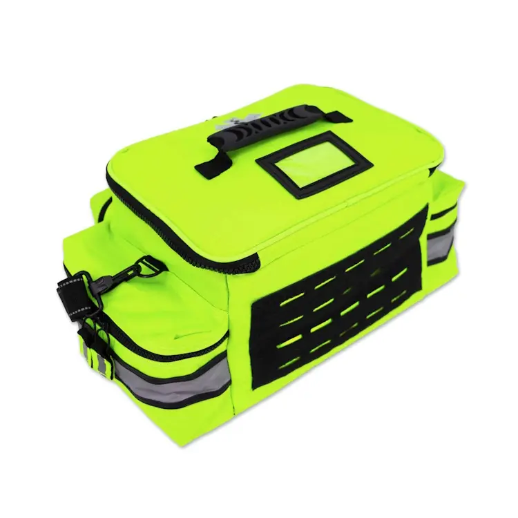 Lightning X LXMB25 fluorescent yellow variant medium-sized first responder EMT bag back view, showing padded straps and durable construction for emergency use.