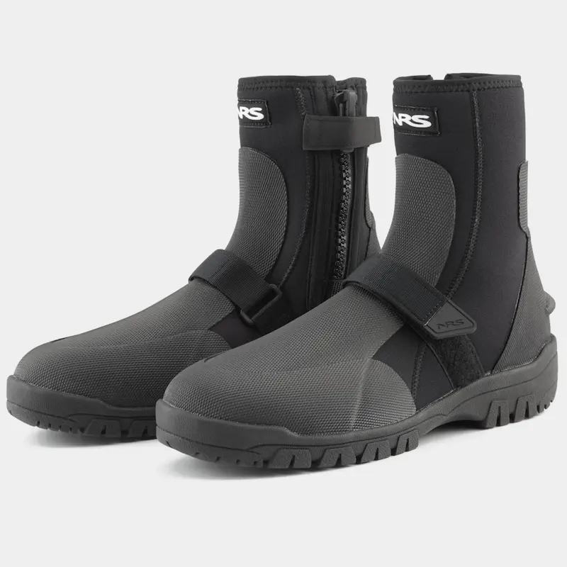 Front left side view of a pair of NRS ATB Wetshoes, combining profile and front details, including neoprene material and durable sole edge.