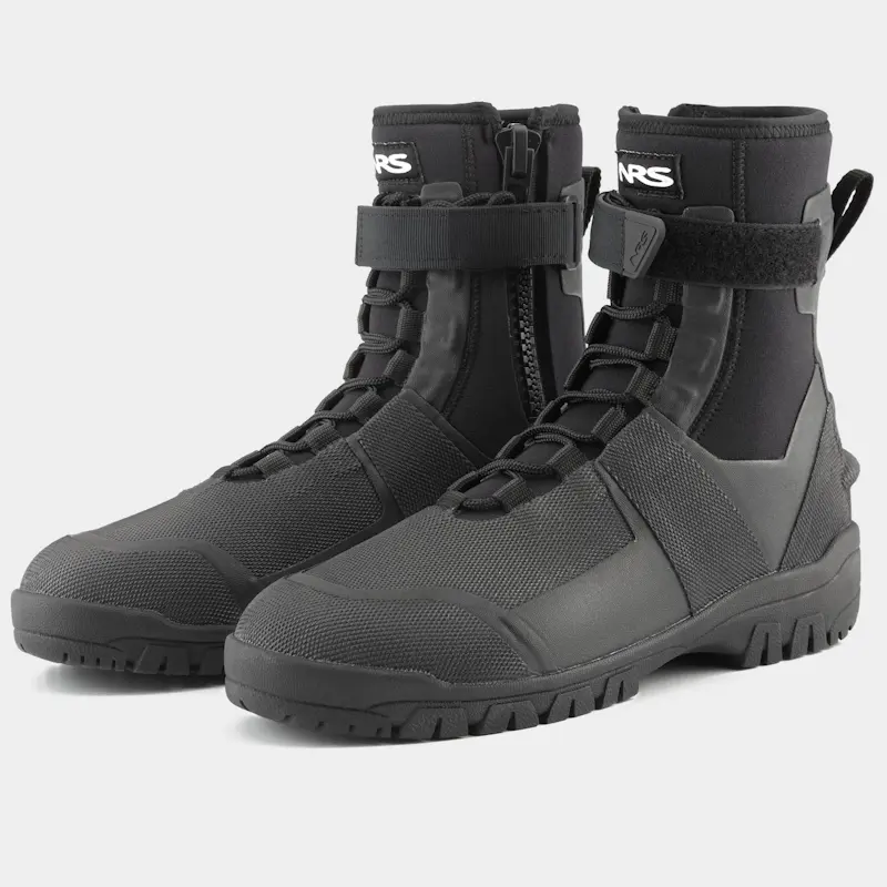 Front right side view of a pair of NRS Workboot Wetshoes, combining profile and front details including zipper and Velcro strap.