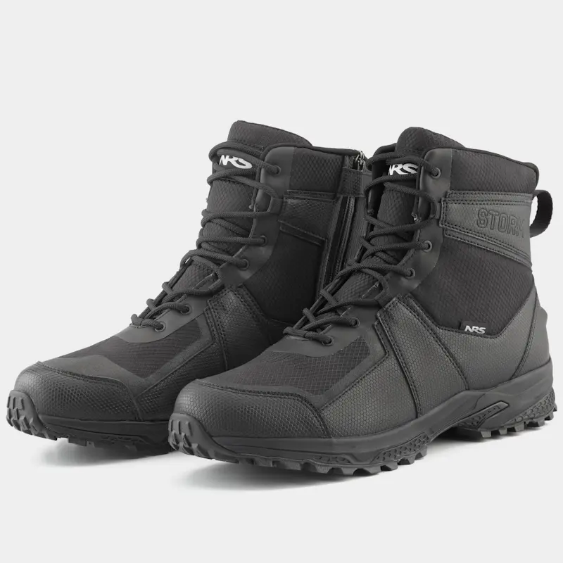 Front right side view of a pair of NRS Storm Boots, combining profile and front details including zipper and Velcro strap.
