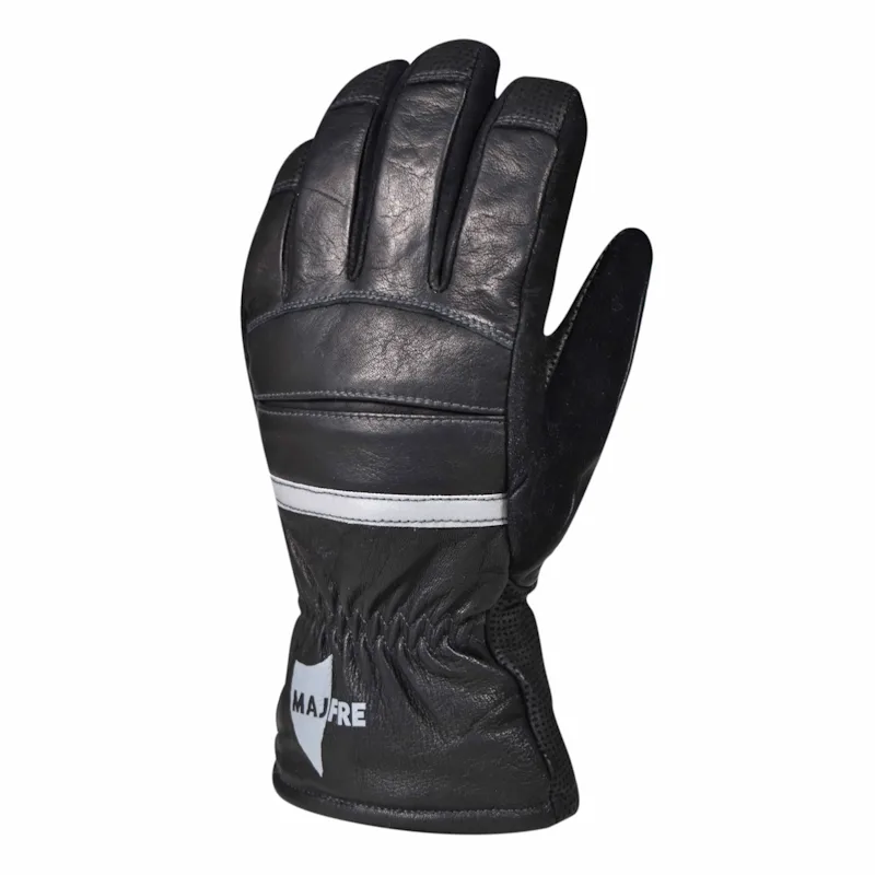 Less angled side view of a single MajFire MFA72 glove back side showing detailed stitching and protective padding on knuckles and fingers.