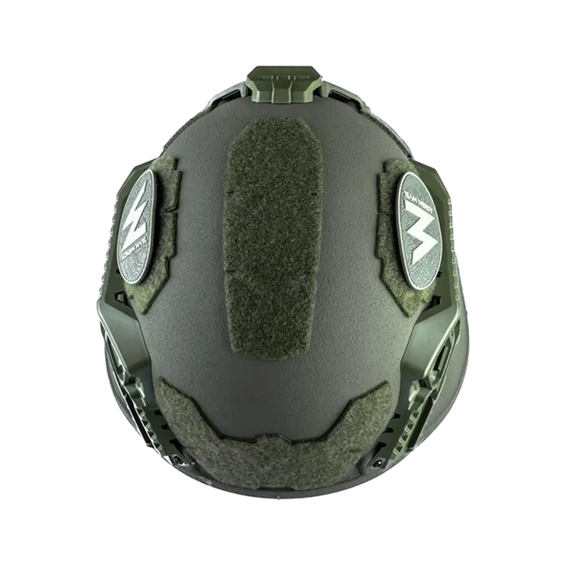 Top view of the Team Wendy® EPIC™ Specialist Ballistic Helmet in ranger green, emphasizing its aerodynamic, low-drag design and reinforced ballistic shell.