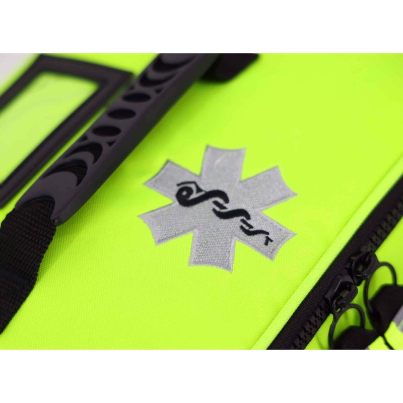 Closeup of Lightning X LXMB25 fluorescent yellow variant showing front top section with prominent medical emblem for quick identification in emergencies.