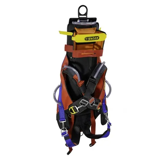 Side-back view of the Yates Professional™ 900WT Yates Spec Pak, highlighting the harness, straps, and overall ergonomic design for firefighter support and safety.