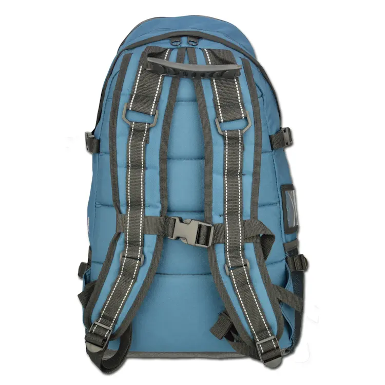 Back view of Lightning X LXMB40 navy blue variant first responder EMT backpack, showing padded shoulder straps and breathable back panel for comfort during use.