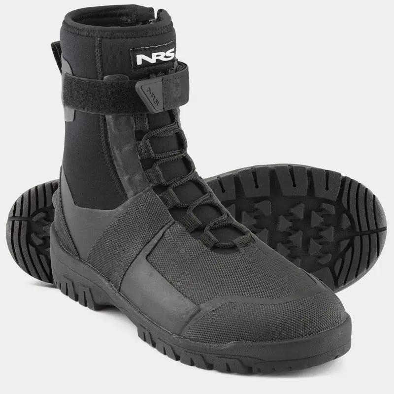 Pair of NRS Workboot Wetshoes with one boot standing upright from front right side view and the other laying on its side behind it, showing the textured sole for traction.
