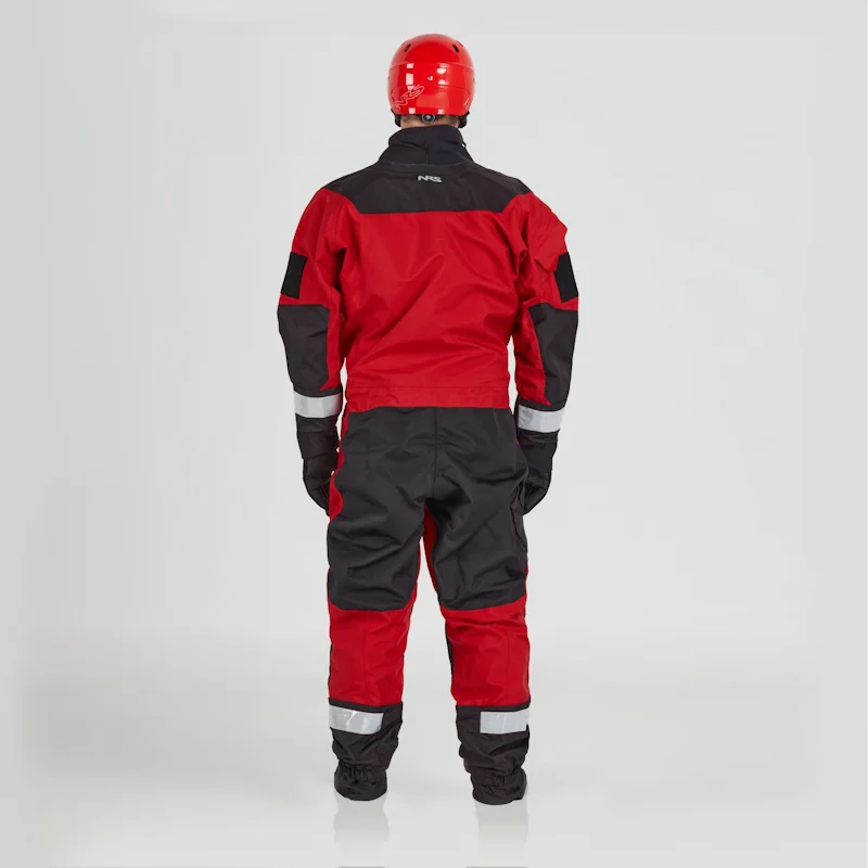 Back view of a man wearing the NRS Ascent SAR Dry Suit in red, highlighting its waterproof construction, rugged rescue-ready design, and full-body protection for cold and wet environments.