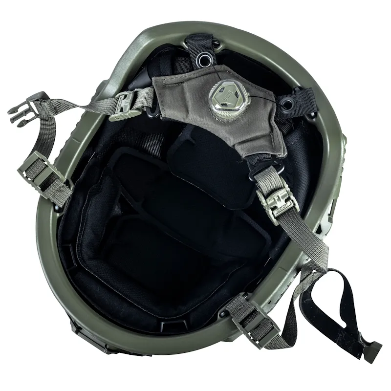 Under view of the Team Wendy® EPIC™ Specialist Ballistic Helmet in ranger green, showing the adjustable suspension system, interior padding, and chin strap configuration.