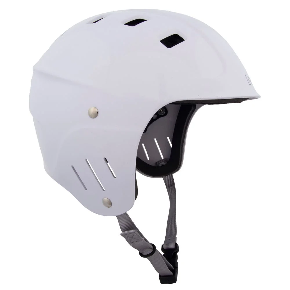 Right side view of the NRS Chaos Full Cut Helmet – Closeout in white, showcasing full ear protection, a durable ABS shell, and ventilation for comfortable, impact-resistant whitewater safety.