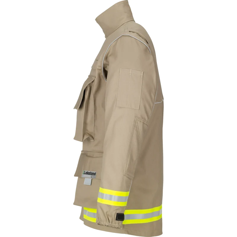 Lakeland® 911 Series Extrication Coat in tan side view highlighting durable protective construction with high-visibility reflective striping designed for emergency response and extrication operations.