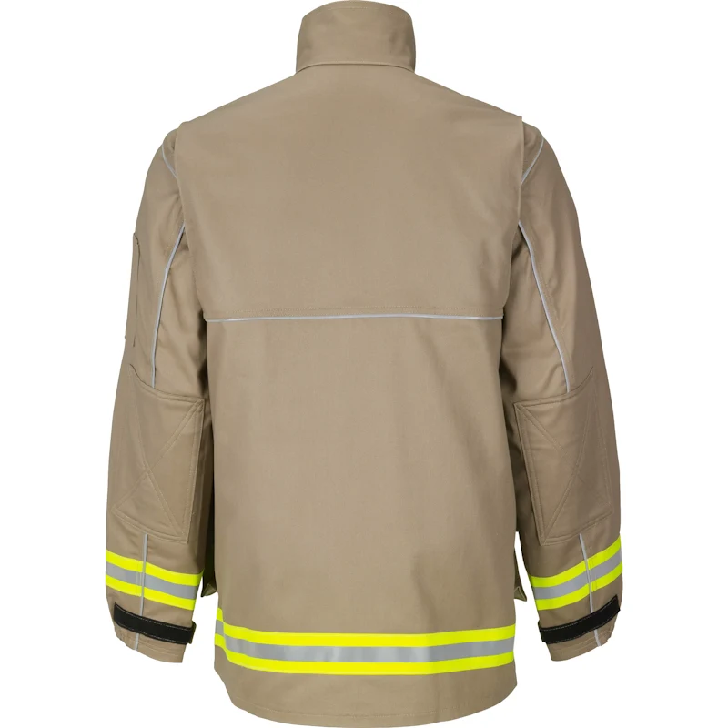 Lakeland® 911 Series Extrication Coat in tan back view highlighting durable protective construction with high-visibility reflective striping designed for emergency response and extrication operations.