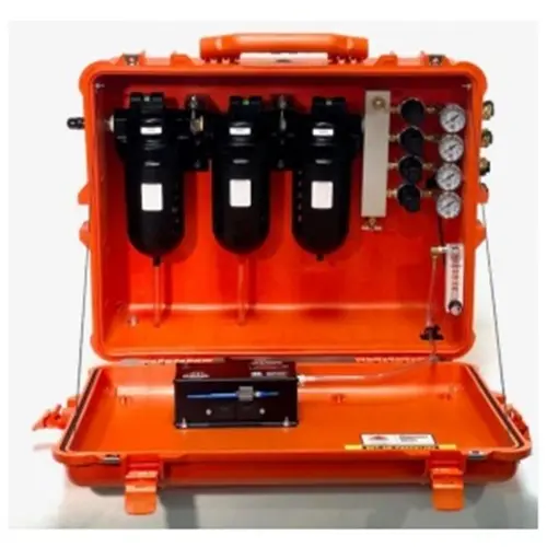 Air Systems® intrinsically safe 100 CFM Breather-Box® with CO₂ monitor, featuring 4 regulators, 123 CFM flow capacity, and 4 couplings for safe and efficient compressed air delivery in hazardous environments.
