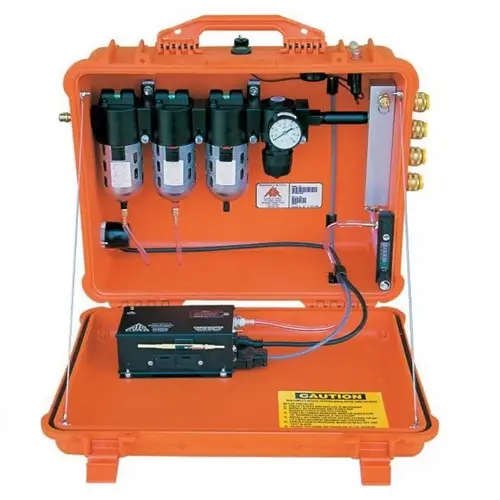 Air Systems® 100 CFM Breather-Box® with CO₂ monitor, equipped with 4 regulators, 123 CFM flow capacity, and 4 couplings for effective compressed air filtration and monitoring in industrial environments.