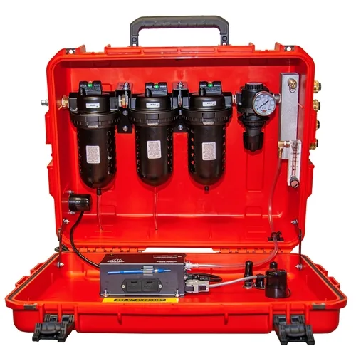 Air Systems® 100 CFM Breather-Box® intrinsically safe filtration system powered by 9 volts DC, featuring 4 couplings for reliable compressed air filtration in hazardous environments.