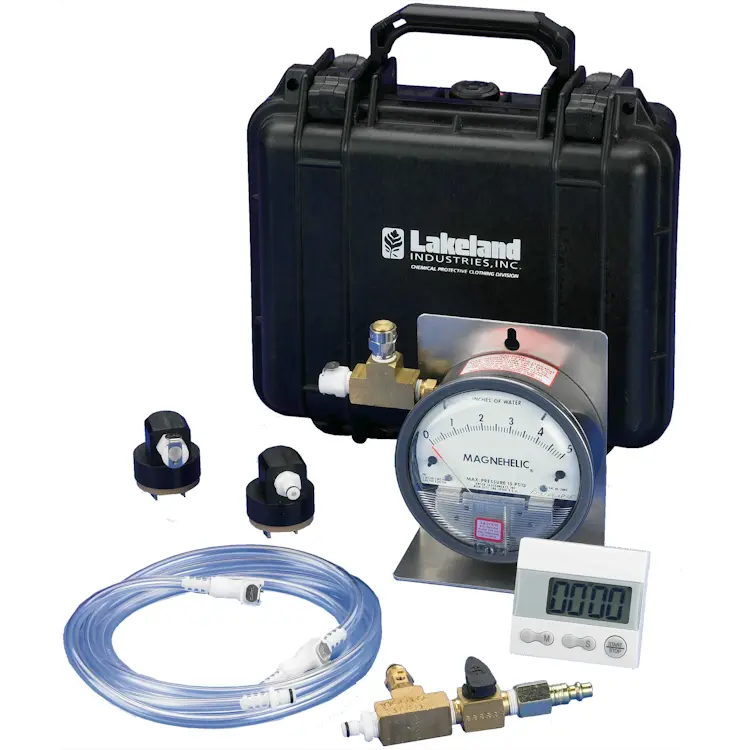 The Lakeland® Level A Test Kit is a portable, easy-to-use system designed for performing inflation and pressure hold tests on Level A gas-tight chemical suits to ensure proper functionality and compliance with safety standards.