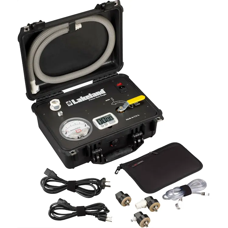 The Lakeland® Interceptor® Plus Pressure Test Kit is a safety compliance tool used to test the gas-tight integrity of Level A hazmat suits, ensuring proper protective performance in hazardous environments.