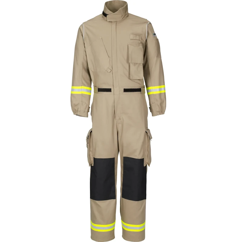 Lakeland® 911 Series Extrication Coverall (EXCV) in tan, a heavy-duty, flame-resistant full-body suit designed for emergency rescue operations, offering reinforced protection, durability, and enhanced mobility.