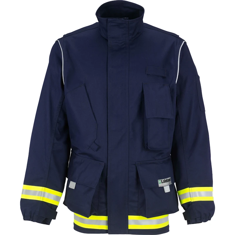 Lakeland® 911 Series Extrication Coat (EXCT) in navy blue, a heavy-duty, flame-resistant protective jacket designed for emergency rescue operations, offering reinforced durability, high visibility, and ergonomic comfort.