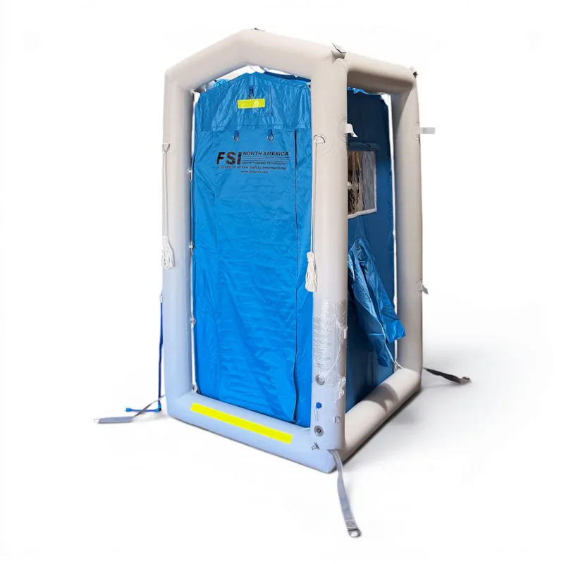 FSI® DAT1010S First Responder Decon Shower, inflatable single-unit decontamination stall with blue privacy curtain.