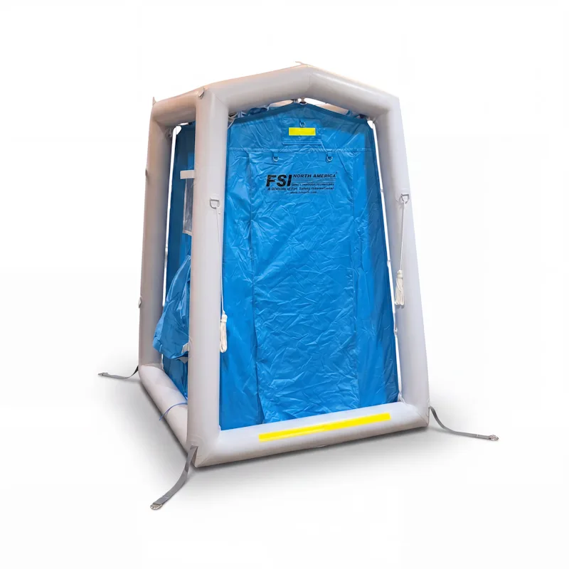 FSI® DAT2020S First Responder Decon Shower, inflatable two-person unit with blue privacy curtain and anchor straps.