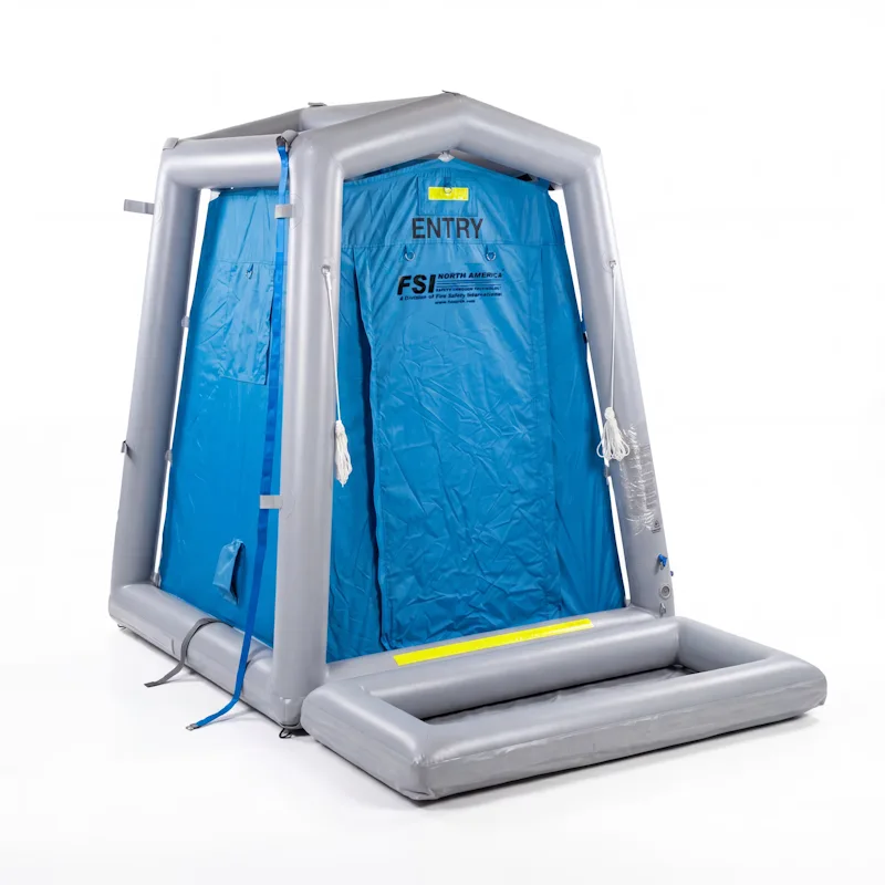 FSI® DAT202046S First Responder Hazmat Decon Shower w/Foot Pool Containment, inflatable unit with entry curtain and containment basin.