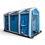 FSI® DAT2525S Mass Casualty Decon Shower, multi-stall inflatable unit with blue privacy curtains and ground tarp.