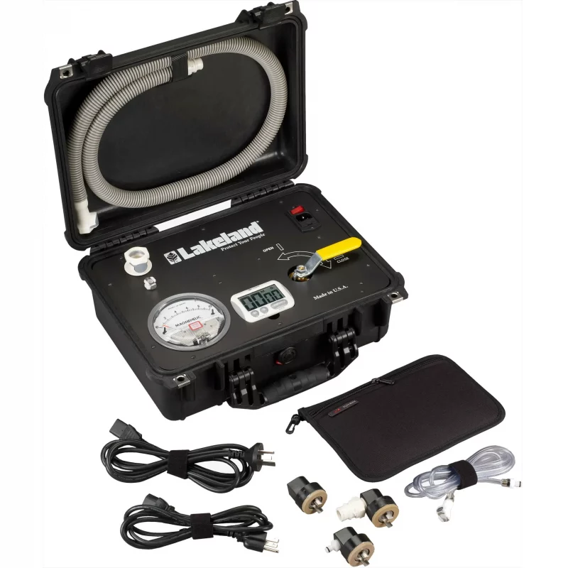 The Lakeland® Interceptor® Plus Pressure Test Kit is a safety compliance tool used to test the gas-tight integrity of Level A hazmat suits, ensuring proper protective performance in hazardous environments.