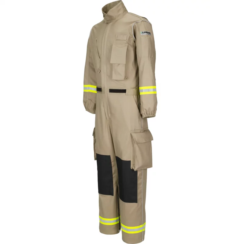 Front right side view of the Lakeland® 911 Series Extrication Coverall (EXCV), highlighting its heavy-duty, flame-resistant fabric, reinforced protection, and ergonomic design for emergency rescue operations.