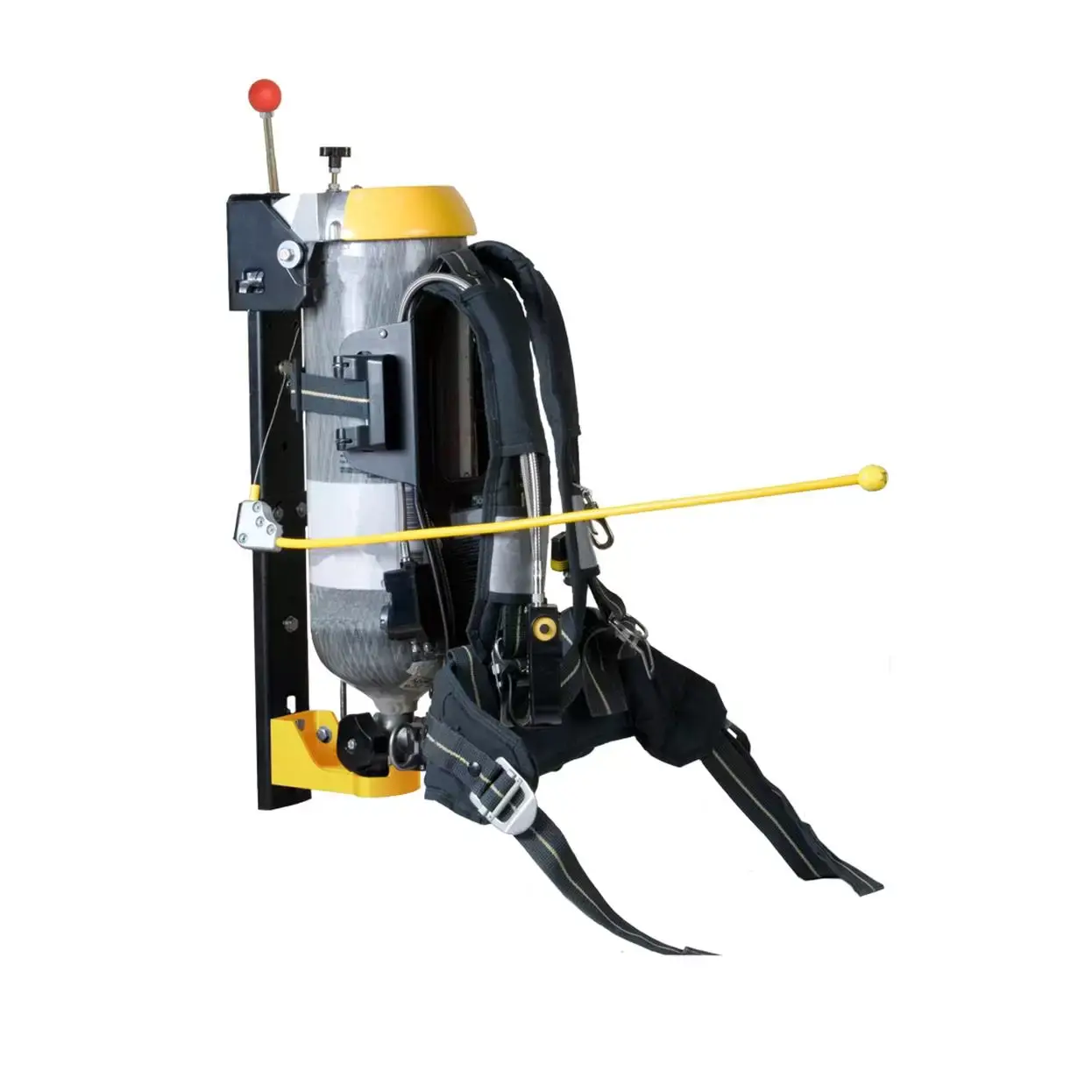 Ziamatic™ QUIC-LOCK Mechanical SCBA Bracket securely holding a self-contained breathing apparatus (SCBA) cylinder, designed for fast release and reliable access during emergency response.