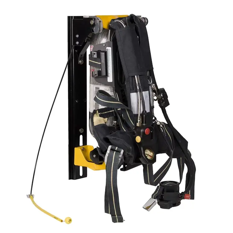 Ziamatic™ ROL-LOC Mechanical Bracket equipped with shoulder carrying straps, designed to securely hold firefighting equipment for easy transport and quick access during emergency response.